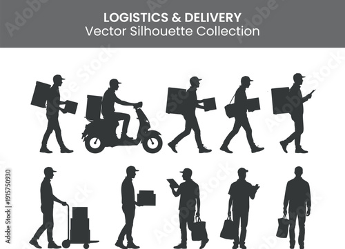 Logistics and delivery personnel silhouettes collection featuring various workers carrying packages and boxes in different poses and modes of transportation for shipping and transportation services.