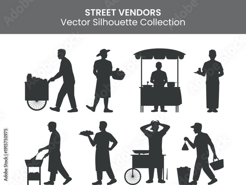 Collection of street vendors in various poses and activities represented in silhouette style, showcasing diverse selling methods and products in a vector illustration format for graphic design use.