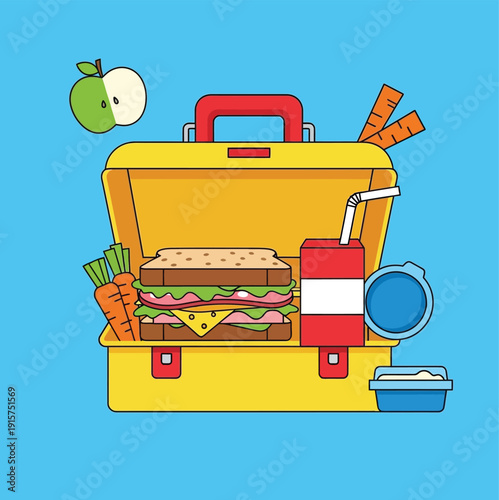 Colorful illustration of a packed lunch box with various food items