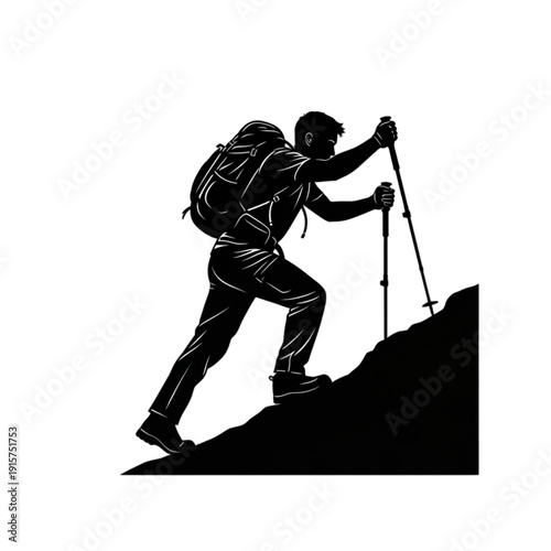 Hiker climbing steep mountain trail isolated on transparent background.