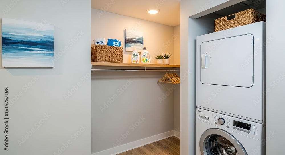 Fototapeta premium Modern laundry room interior with stacked washer dryer shelf and decor