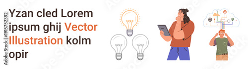 Brainstorming, creativity, innovation, problem-solving, idea generation, and thought processes. A man holds a tablet while thinking, surrounded by light bulbs and abstract connections. Creativity