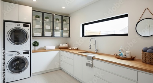 Modern laundry room design with washing machines and storage cabinets