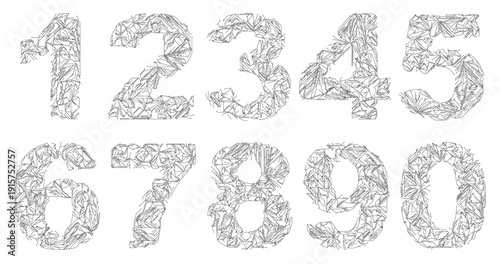 The numbers, designed in the style of electronic circuits, resemble the tracks on a motherboard. The geometric precision and chaotic lines create a techno-art effect, combining technology and graphics