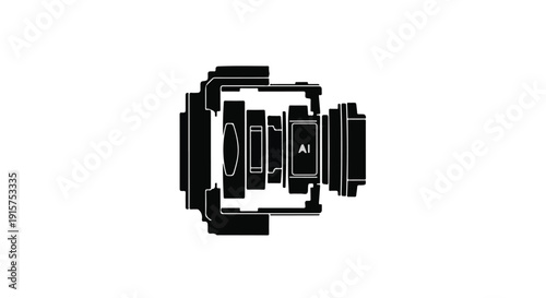 Close-up of camera lens or mechanical device with technical details, photography equipment, black and white