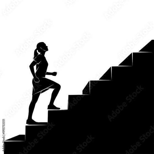 Woman running up the stairs fast isolated on transparent background.
