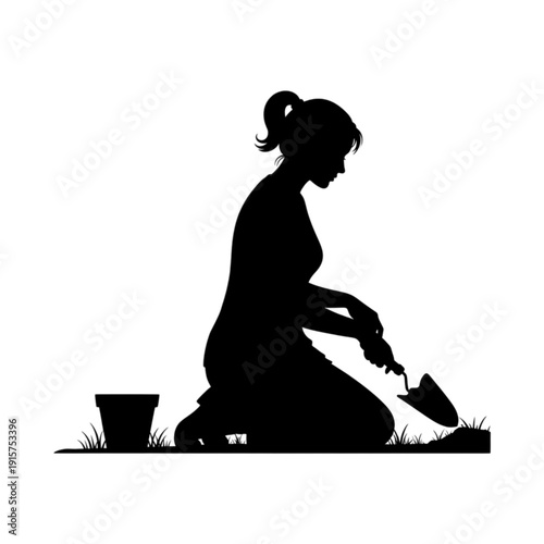 Woman kneeling and gardening outside isolated on transparent background.