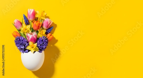 Spring flowers in eggshell on yellow background. Easter concept bouquet with tulips, daffodils, hyacinths and grape hyacinths.