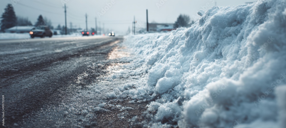 Fototapeta premium Winter Roadside Snowbank with Icy Curb and Tire Marks on Empty Street