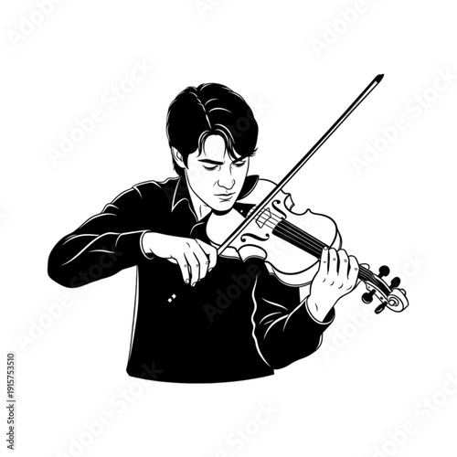 Young man playing a violin skillfully isolated on transparent background.
