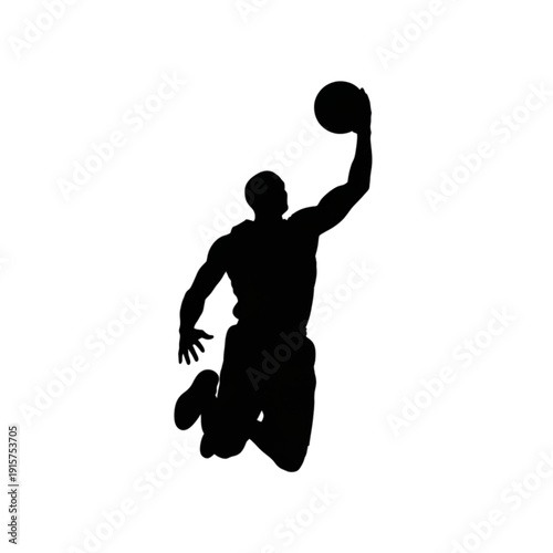 Man jumping and dunking basketball isolated on transparent background.