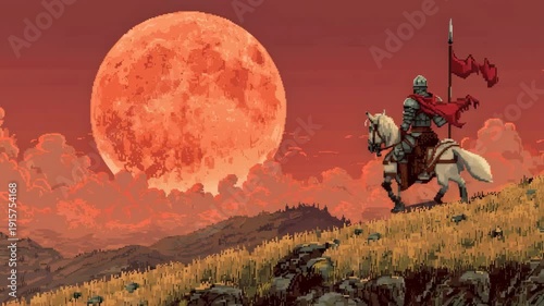 Pixel art fantasy knight on horse video adventure background under giant red moon for retro RPG intros, game menu screens and heroic fantasy streaming visuals