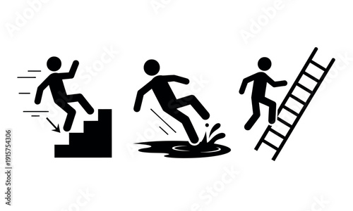 Black silhouette of three stick figures falling down stairs, slipping on wet floor, and tumbling off ladder