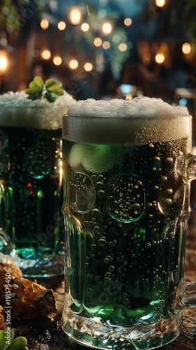 St Patricks Day green beer pub festive bokeh lights background