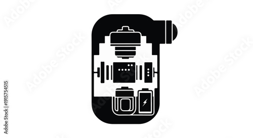 Black and white camera illustration with modern design elements and sleek lines on clean background for photography concept