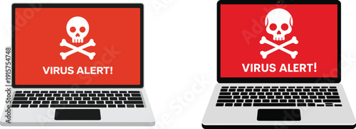 Two Laptops Displaying a Red Screen with Skull and Crossbones and Virus Alert Message
