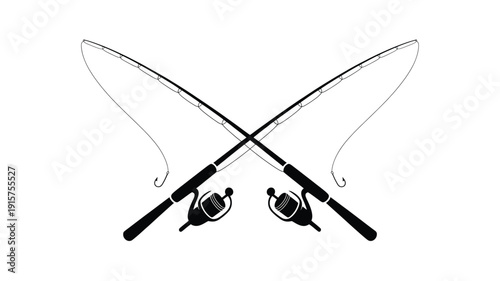 Crossed fishing rods with reels on white background