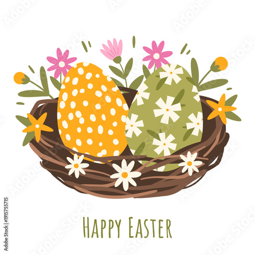Easter greeting composition. Hand-drawn nest with colorful eggs and flowers. For posters and postcards.