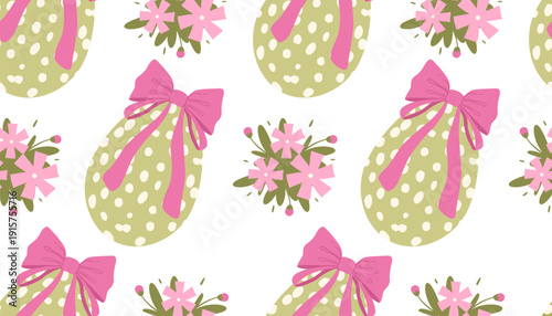 Pastel easter eggs pattern with flowers and cute ribbon bows.