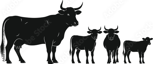 Tableau sur toile Black cow and calf silhouette collection with bull and heifer silhouettes isolat