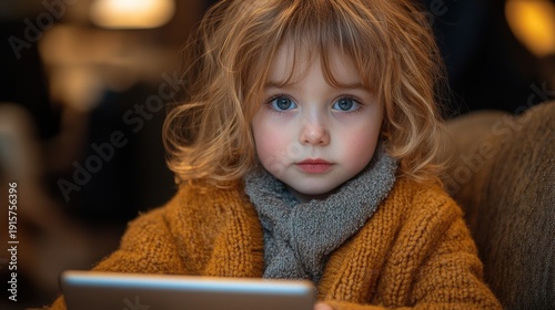 A young child uses a tablet device in an indoor environment.
