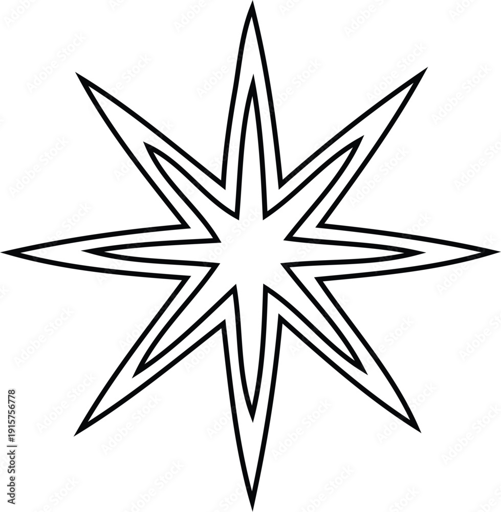 Fototapeta premium Eight-pointed stylized star outline design for festive or navigation.