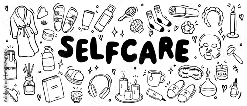 self care doodle set with spa and wellness icons
