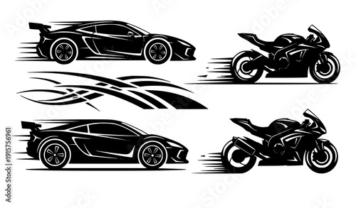 Racing car and motorcycle speed silhouette vector set