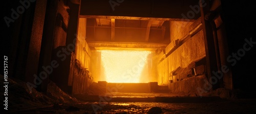 Wide Shot of Glowing Industrial Furnace Interior in Low Light
