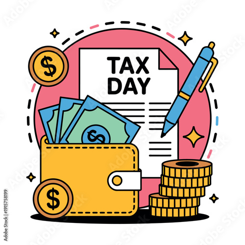 A colorful illustration of tax day with a wallet, money, and pen on a document