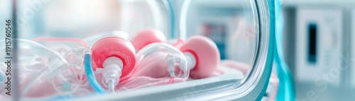 Close-up of a neonatal incubator, soft focus, blue and pink tones, medical equipment for newborns. Newborn care, Premature baby, NICU, Parenthood