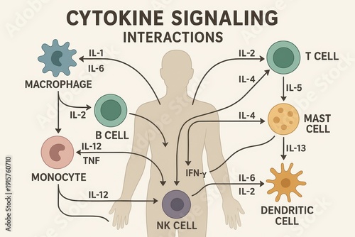Cytokine signaling interactions in human immune system science diagram educational informative view