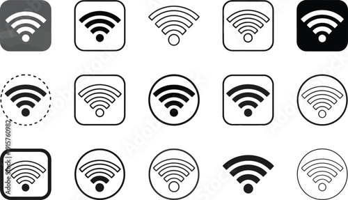 Collection of diverse Wi-Fi signals and wireless icons on white.