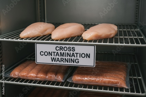 Food safety alert cross contamination warning in refrigerated storage supermarket environment