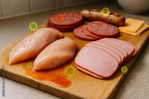 Raw and processed meat varieties on wooden cutting board kitchen environment food photography