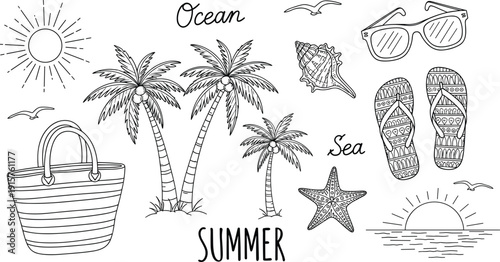 Summer vacation beach and sea icons set with palm trees sunglasses flip flops starfish sun and bag cad drawing flat vector illustration