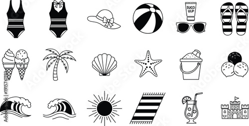 Summer vacation icon set with swimsuits beach ball sunglasses flip flops ice cream palm tree and sand castle cad drawing flat vector illustration
