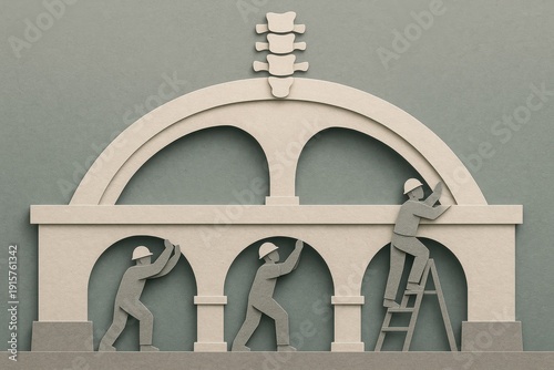 Construction workers building architectural structure urban setting digital artwork minimalist viewpoint