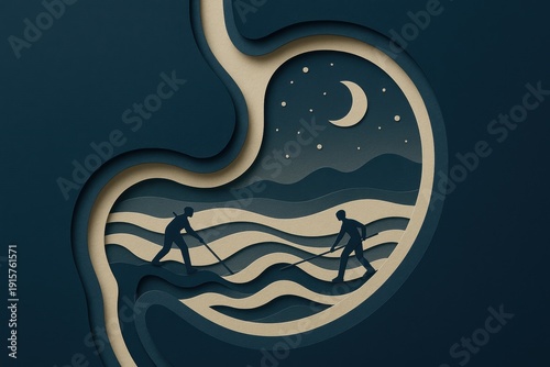 Nighttime fishing in an artistic stomach landscape surreal design tranquil view unique concept