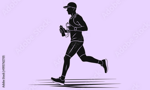 A minimalist vector illustration of a man running with a water bottle in a fitness setting