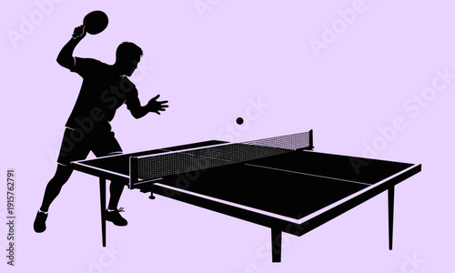 A black silhouette of a man playing table tennis on a minimalist purple background