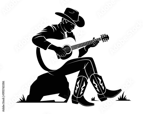 cowboy guitarist silhouette illustration, western country music scene with man playing acoustic guitar wearing hat and boots for vintage art, ranked titles concept, hierarchy western symbols, premium 