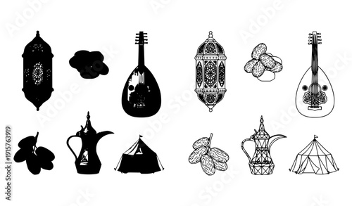 Arabic Heritage Icon Bundle with Lantern and Oud – isolated on transparent background