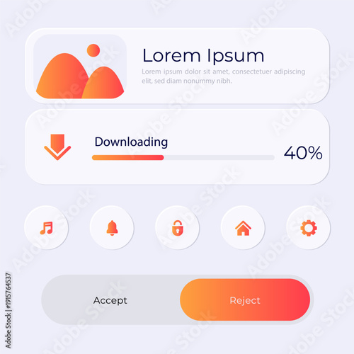 Modern user interface design elements with various interactive components and progress indicators.