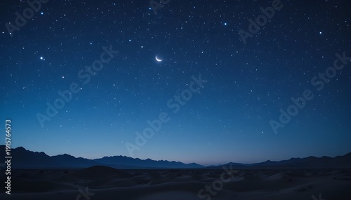 Stunning starry night sky over desert landscape with crescent moon