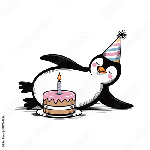 whimsical sketch of an penguin laying down with a birthday cake with a candle lying on its belly