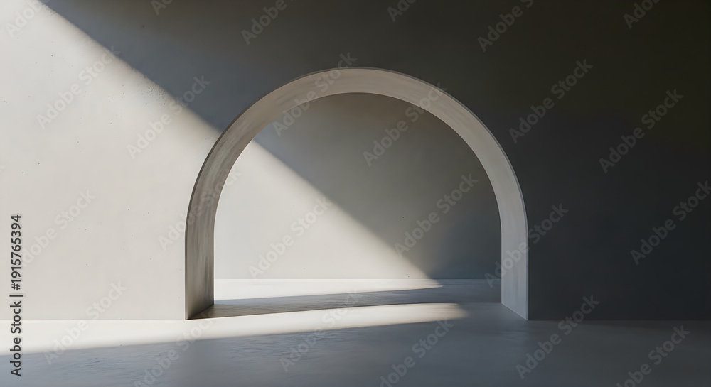 Fototapeta premium Sunlight casting shadows through a curved architectural opening in a dim space
