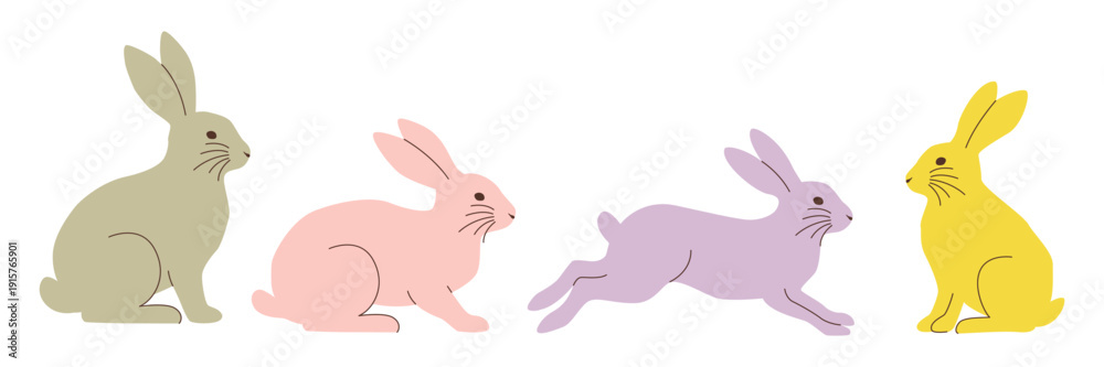 Obraz premium Set of cute colorful bunny rabbits in different poses flat vector illustration isolated on white background