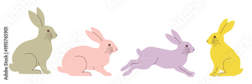 Set of cute colorful bunny rabbits in different poses flat vector illustration isolated on white background