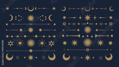 mystic celestial divider borders with esoteric magic symbols, golden sun moon and star decorations, ranked titles concept, hierarchy cosmic ornaments, premium mystical levels for elegant branding and 